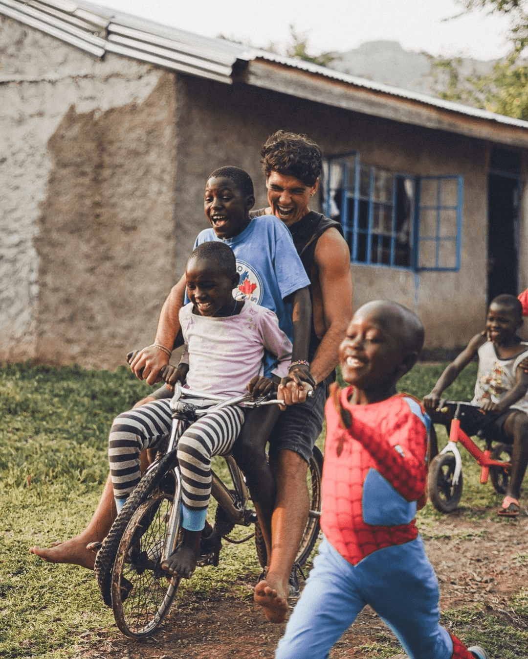 Children playing near a building